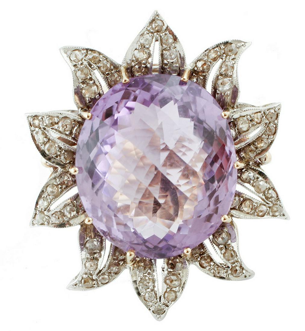 Big central Amethyst, Diamonds, Rose Gold and Silver: Title: Big central Amethyst, Diamonds, Rose Gold and Silver Flower Ring Metal Purity: 9k rose gold and silver Gemstones: Amethyst, Diamonds Carat Weights: Amethyst 35.10ct Diamonds 2.23ct Size/Dimensi