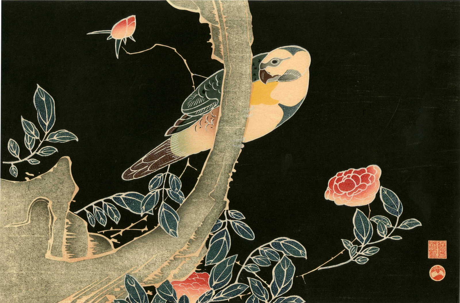 Jakuchou Ito: Parrot and Rose 1930s Woodblock: Title: Jakuchou Ito: Parrot and Rose 1930s Woodblock Provenance: Japanese Woodblock Print, 1930s published by the Shima Art Company SIZE IN INCHES: 15 x 10 inches PROVENANCE: From the Robert O. Muller