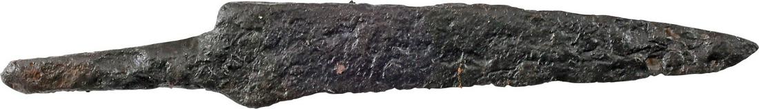 VIKING SIDE KNIFE OR POUCH KNIFE, 866-1067 AD: Danelaw England. Just over 3” total length, wedge section, uniformly tapered to the symmetrical tip. Whittle tang with a securing pin for mounting in a wood, bone or antler grip without a guard. The