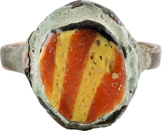 MEDIEVAL PEASANTS RING C.1404-1500.: This interesting ring is in as found condition. It is bronze, size 6 ½ with a 2.6mm width band and oval bezel mounted with an imitation stone. Until the evolution of modern chemistry, adhesives lagge