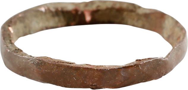 RARE COPPER VIKING RING, 900-1050 AD, S5.: No Reserve! Size 5 3/4. 2.9mm width with rounded face. Mottled red/brown patina with encrustation from burial. Vikings were expert metallurgists. The use of pure copper is rare and suggests a supernat