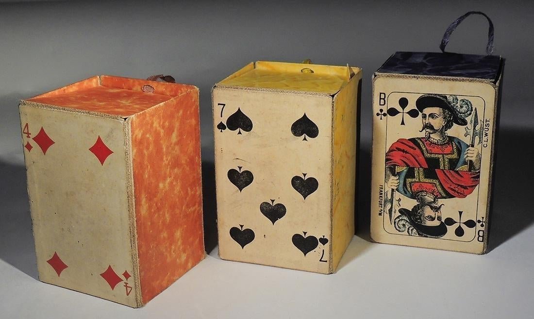 Magician’s Magic Trick Card Game Late 19thC: Title: Magician’s Magic Trick Card Game Late 19thC Dimension: 4" H Provenance: Magic Trick Set of 3 Magician trick card game Shipping: Domestic: Flat-rate of $25.00 to anywhere within the contiguous