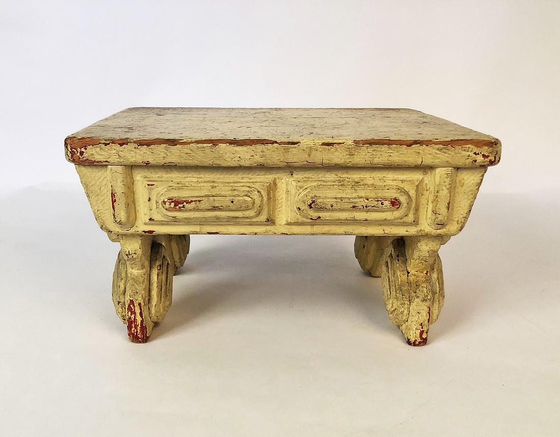 Tramp Art Stool with Hearts Dated 1930: Title: Tramp Art Stool with Hearts Dated 1930 Provenance: Yellow painted tramp art stool with hearts and dated 1930 JT. In good shape - has an age crack on top. Size: 7.5" high x 13.25" wide x 10.5" d