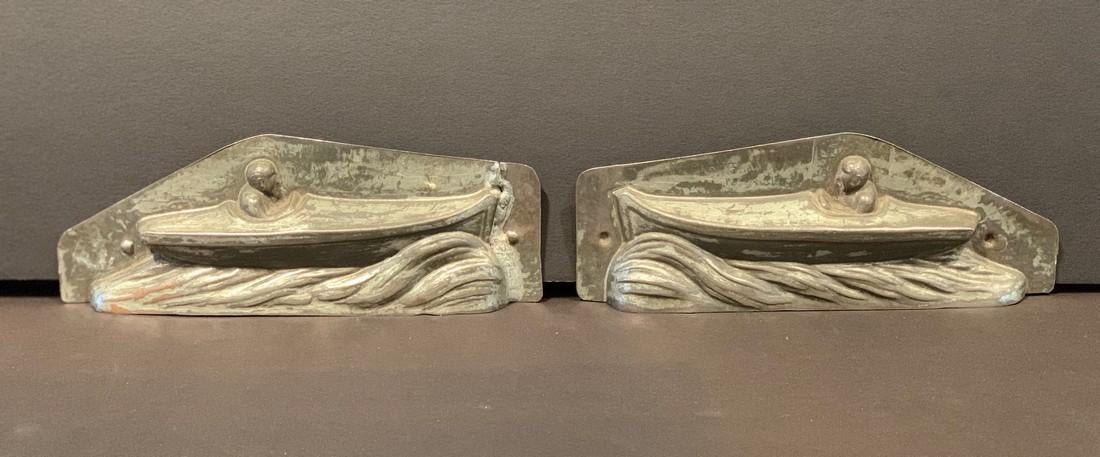 Early 20thc Speed-Boat Chocolate Mold, 2-piece: Title: Early 20thc Speed-Boat Chocolate Mold, 2-piece Date/Period: Early 20thc Dimension: 7" w x 2 1/2" h Provenance:Superb form, kinetic wave action & boat driver detail. Well patinated. Shipping: Do
