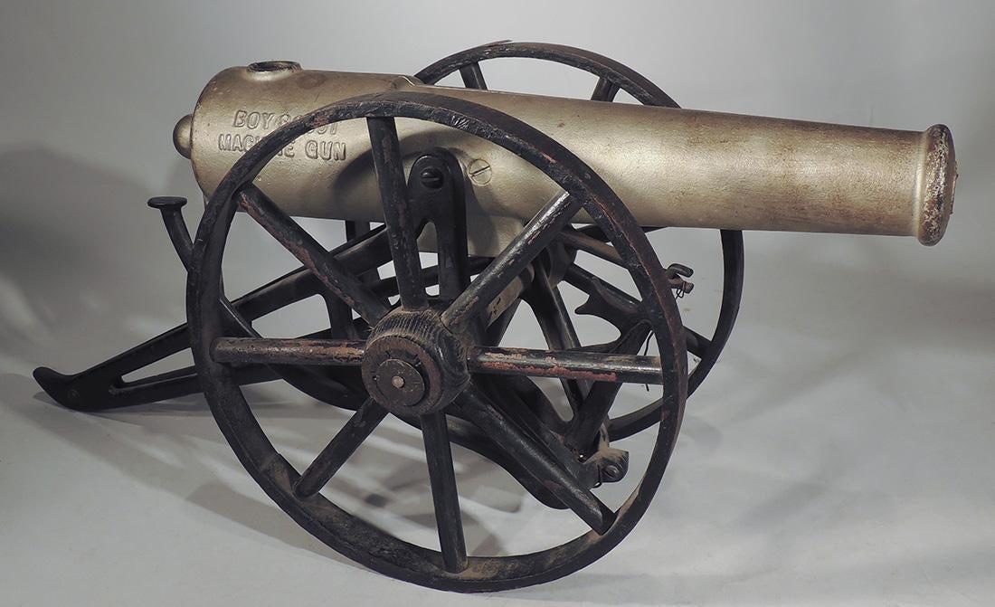 Boy Scouts Toy Cannon: Title: Boy Scouts Toy Cannon Dimension: 8" H x 17" L x 5 1/2" D Provenance:Kilgore "Boy Scout Machine Gun" toy cannon. Origin is American Shipping: Domestic: Flat-rate of $75.00 to anywhere within the