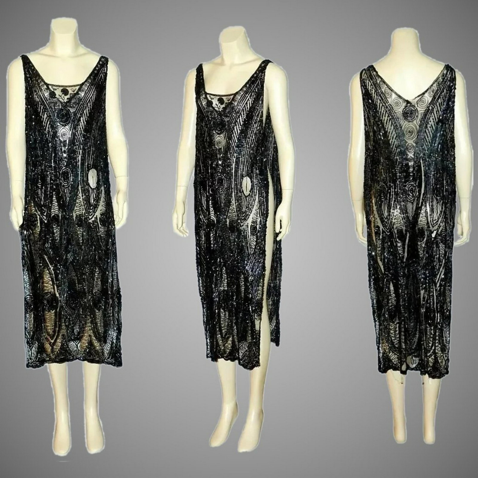 Antique 1918 Museum Find Tabard Flapper beaded &: An amazing Museum Piece . Original 1918 Tabard dress in silk net hand sewn Gelatin sequins, jet bugle beads, & seed beads. Unique Floral Panels . A glamorous evening shawl dress, Large Deco Motifs are