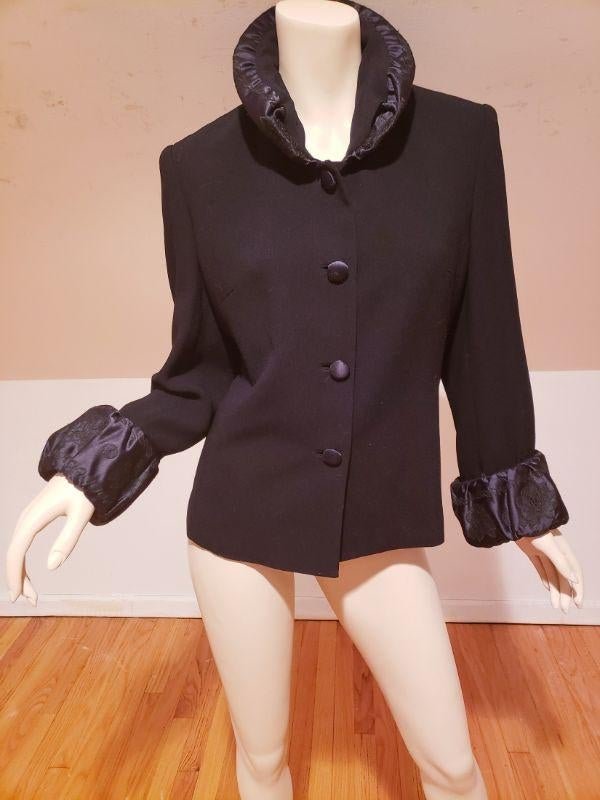 Couture iris Singer Opera Bertha collar/sleeve Jacket: This one is a stunner, Very dark Navy/blue almost black Couture Opera jacket with floral Brocade Bertha Collar and Sleeves Brocade buttons.. Gorgeous trapeze look. A size -M This vintage item is pre-o
