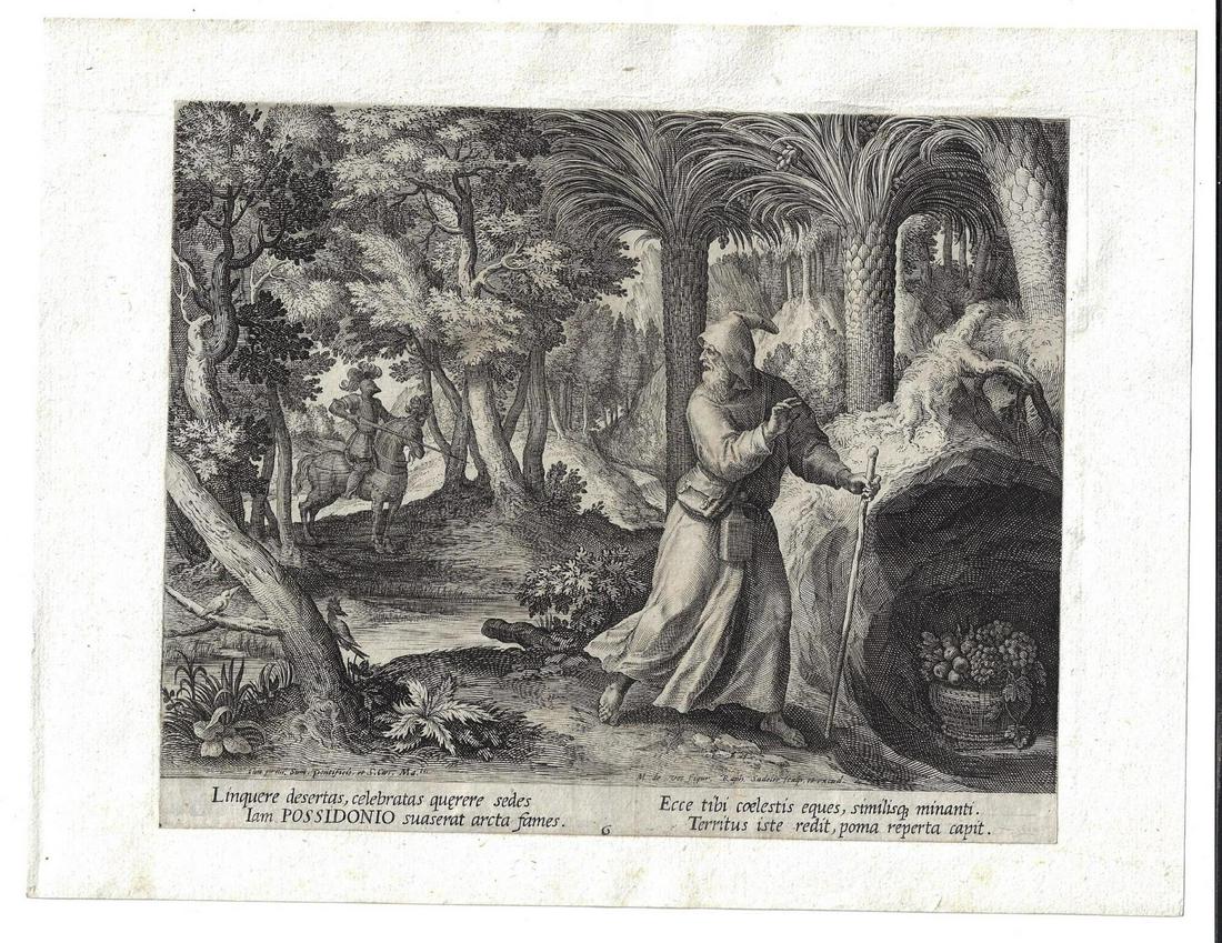 1600 Sadeler Engraving of Hermit Possidonio: Engraving of Raphael Sadeler (1560-1632) and Maarten de Vos (1532-1603) of the hermit Possidonio, 1600, from "Oraculum Anachoreticum". Mounted to paper, Fine, the engraving measures 8.25 x 7". Reserve