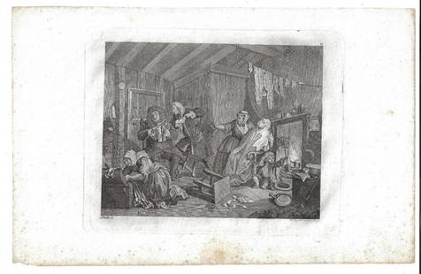 c1820 Engraving After Hogarth Riepenhausen: Circa 1820 engraving after William Hogarth from his series Harlots Progress, done by Ernst Ludwig Riepenhausen. Plate 5. Very Good, measures 15 x 10". Reserve: $40.00 Shipping: Domestic: Flat-rate of