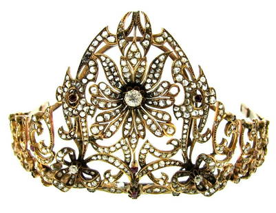 YELLOW GOLD DIAMOND AND RUBIES PERSIAN TIARA: MZ JA000 CIRCA 1870 PERSIAN TIARA YELLOW GOLD DIAMONDS AND RUBIES · INTRICATE CHIC TIARA that is a great addition to your collection. · MEASUREMENTS: 5 1/8” wide by 2 5/8” height · Weight