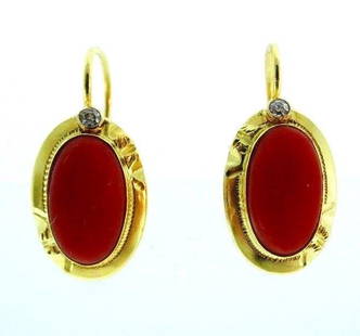 18k Yellow Gold Coral Diamond Earrings: NS I00 Cute 18k yellow gold coral diamond earrings Stamped with a maker's mark and a hallmark for 18k gold Measurements: 5/16" H x 1/4" W x 7/8" L Total weight is 6.4 grams In excellent