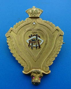 ENAMEL GOLD ANTIQUE MEDAL PIN DUSE VALLEY LODGE: N-NOO ANTIQUE C.1900 ENAMEL VICTORIAN ENGRAVED UNIQUE MEDAL/PIN A TRLY FANTASTIC ITEM WITH 1914 ENGRAVINGS GOLD: 14K HAS A LITTLE DIAMOND AND TWO RED STONES MEASURES 2 1/16''X 1 7/16'' WEIGHT 10.1