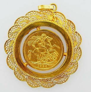 21k Yellow Gold Vintage King Sovereign Coin Pendant: NS IIT The British Sovereign is one of the most historically significant and recognized gold coins on the market. They represent true wealth. The value of the gold content in these coins remains