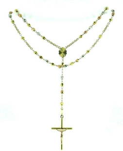 14k Tri-Color Gold Beaded Cross Pendant Necklace: NS I00 14k tri-color (yellow, rose and white) gold beaded cross pendant necklace Stamped with a hallmark for 14k gold Measurements: the chain is 26" long, hanging part (including the pendant) is