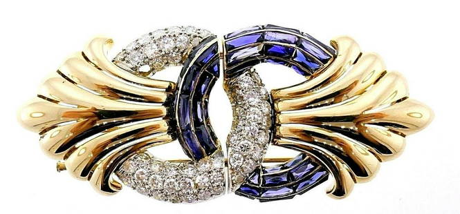 Vintage 18k Yellow Gold Diamond Sapphire Brooch Clip: NS N000 18k Yellow Gold Diamond Sapphire Brooch Clip, circa 1950s 3-in-one item It's a stunning vintage piece that you can wear either as a brooch, or two separate clips, or brooches. So you'd have