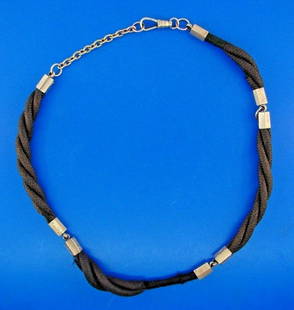 RARE Victorian Mourning Piece 14k Rose Gold & Hair: DK 14k Rose Gold & Hair Mourning Piece Necklace Victorian · This is a must for any collector. · The weight is 12.5 grams. The length is 17 ¼ inches. The width of hair is 3/8 of an inch. ·