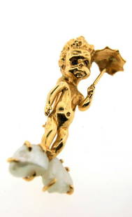 CUTE 14k Yellow Gold, Fresh Water Pearl & Sapphire: DK 14k Gold, Fresh Water Pearl & Sapphire Angel Pin This unique and wonderful pin is unsigned and is circa 1970s. It is made of 14k yellow gold, fresh water pearls & sapphire. The angel has an