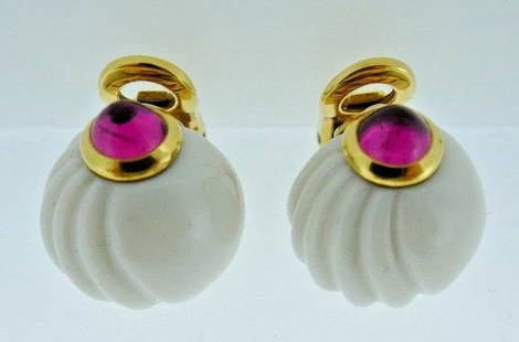BVLGARI 18k Yellow Gold, Pink Tourmaline & Ceramic Ball: Bvlgari 18k Yellow Gold, Pink Tourmaline & Ceramic Ball Earrings DK · This is a must for a collector. The weight is 10.8 grams. The length is 1/2 of an inch. The height is 5/8 of an inch. 