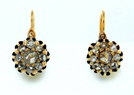 14k Yellow Gold Antique Diamond Earrings: NS J000 Amazing 14k yellow gold antique diamond earrings. Diamonds are rose cut. Early Victorian era, circa 1700 Post can be reworked into a different type Stamped with the maker's marks Measurements: