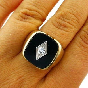 Victorian Deco 10K Yellow Gold Black Onyx Diamond White: KG A00 Victorian Deco 10K Yellow Gold, Black Onyx, Old European Cut Diamond White Gold Rhombus Ring , Unisex · Weight: 9.0 g · Material: 10K Yellow Gold, Black Onyx · Gemstone: Old European