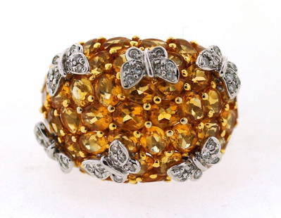 OUTSTANDING 14K WHITE GOLD CITRINE DIAMOND BUTTERFLY: N-JNOO GORGEOUS STUNNING 14K WHITE GOLD DIAMOND CITRINE BUTTERFLY RING SIZE: 7.0 WEIGHT 12.5 G HEIGHT 3/4'' STAMPED: 14K L.E. D030 DIAMONDS ARE 0.30 CARATS CITRINE IS APPROX. 6.0 CARATS WONDERFUL