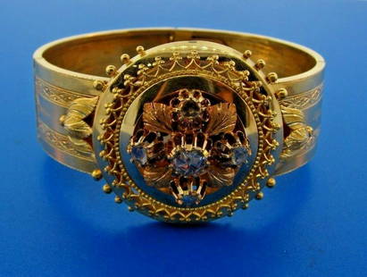 WOW Victorian 14k Yellow & Rose Gold & Rose Cut Diamond: DK 14k Rose & Yellow Gold & Rose Cut Diamond Bangle Circa 1900s · The weight is 24.9 grams. · The height is 1 ¼ inches. The width is ½ of an inch. The width of the bangle is 1/8 of an inch.