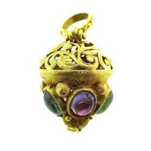 VINTAGE 18k Yellow Gold & Gemstone Pendant Circa 1900s: Antique 18k Yellow Gold & Gemstone Pendant DK Â· This is a must for a collector. The weight is 8 grams. The length is 5/8 of an inch. The height with bail is 1 3/8 inches. The gemstones are aqua,