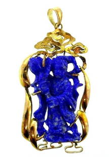 Carved Lapis 14k Yellow Gold Vintage Pendant: NS A00 Vintage pendant made of carved lapis lazuli and 14k filigree yellow gold Stamped with a hallmark for 14k gold Measurements: 3/16" H x 2" W x 2 1.16" L (bail included) Weight is 8.2 grams 
