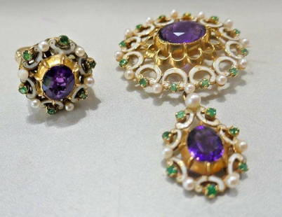 ANTIQUE 9k YG, Amethyst, Pearl, Emerald & Enamel Ring &: DK 9k Yellow Gold, Enamel, Natural Pearl, Emerald & Amethyst Ring & Brooch Set Antique Suffragette · This is a must for a collector! The weight of ring is 9.7 grams. The length of ring is ¾ of