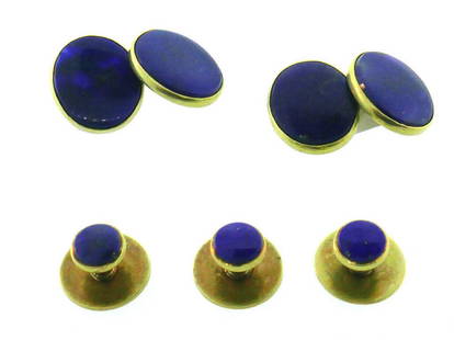 Vintage 14k Yellow Gold and Lapis Cufflinks and Stud: AK I00 Vintage 14k Yellow Gold and Lapis Cufflinks and Stud Set · Wonderful set that is a great addition to your collection. · Weight is 8.8 grams · Made of 14k Yellow Gold (stamped), Lapis 