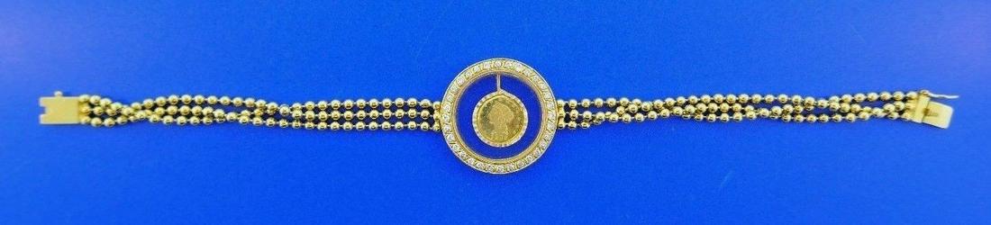 REGAL 22k Yellow Gold & Diamond Coin Bracelet Vintage: DK 22k Yellow Gold & Diamond Vintage Bracelet · This is a must for any collector. · The weight is 16.7 grams. The length is 6.5 inches. There are 0.35 points of diamonds. The coin is from 1838. 