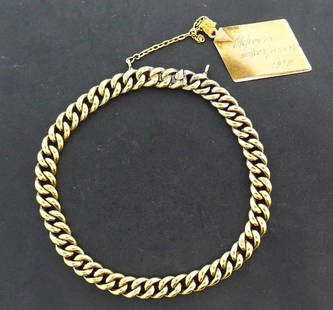 Antique Russian 14k Yellow Gold Chain Bracelet: NS I00 Antique Russian 14k yellow gold chain bracelet with an engraved charm Stamped with a maker's mark Measurements: chain is 1/4" W x 7.5" L, charm is 11/16" W x 1" L Total weight is 26.5
