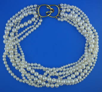 GORGEOUS 7 STRAND CULTURED PEARL 18K YELLOW GOLD CLASP: N-JOOO CULTURED GRADUATING PEARL 7 STRANDS 18K YELLOW GOLD CLASP NECKLACE C.1960 GORGEOUS 7 STRANDS PEARL NECKLACE WITH 18K YELLOW GOLD CLASP PEARLS ARE GRADUATING SIZE: FROM 3 MM UP TO 7 MM WEIGHT