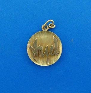 CUTE "Angel" 14k Yellow Gold Charm Circa 1960s: DK “Angel” 14k Yellow Gold Charm Circa 1960s · The weight is 3.8 grams. · The length with bail is 1 1/8 inches. The width is 1/8 of an inch. · This is in great condition. Reserve: