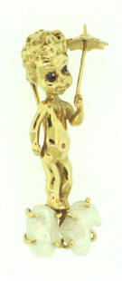 14K GOLD PEARL SAPPHIRE CHERUB PIN ANGEL THEMED: N-R00 461 North Canon Drive Beverly Hills, CA 90210 310. 247. 8547, 310. 247. 8588 18K YELLOW GOLD STAMPED 2 FRESH WATER PEARL BLUE SAPPHIRE EYES CHERUB PIN/BROOCH C. 1950 BOY WALKING ON CLOUDS