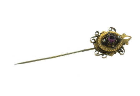 C.1900 VICTORIAN STICK PIN AMETHYST SEED PEARL 10K: N-JUT CHIC C. 1900 VICTORIAN AMETHYST, SEED PEARL & 10K YELLOW GOLD STICK PIN MEASURES 2 13/16'' X 3/4'' WEIGHT 2.4 G THE STICK IS NOT GOLD, THE TOP PART IS 10K YELLOW GOLD TOP PART MEASURES 1'' X