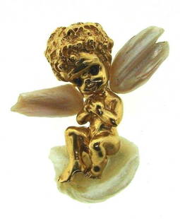 TIMELESS Ruser 14k Yellow Gold, Mother of Pearl &: DK Ruser 14k Yellow Gold, Sapphire & Mother of Pearl Brooch Circa 1950s · Wonderful brooch that is a necessity in your collection. · The weight is 13.5 grams. · The length is 1 3/8 inches. The