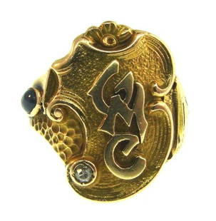WOW 10k Yellow Gold, Cabochon Sapphire & Diamond Signet: DK 10k Yellow Gold, Diamond & Cabochon Sapphire Signet Ring Circa 1918 · This is a must for a collector! The weight is 10.8 grams. The length is 7/8 of an inch. The height is 7/8 of an inch. The