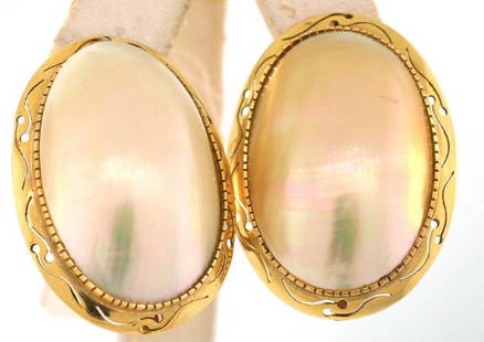 HUNGRY LIKE THE WOLF! Mobe Pearl 14k Yellow Gold: 14k Yellow Gold Mobe Pearl Earrings, circa 1950 Our jewelry is sought after by the most stylish and demanding jewelry connoisseurs. These earrings are no exception and now you have a chance to
