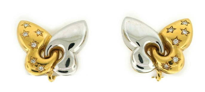 Cute DIAMOND YELLOW WHITE GOLD BUTTERFLY EARRINGS by: M ATOO BULGARI YELLOW & WHITE GOLD EARRINGS WITH DIAMONDS These cute earrings were made circa 1980s by BULGARI. Holds approximately 0.36 carats of diamonds. H-I color VVS1 clarity. Made of 18k