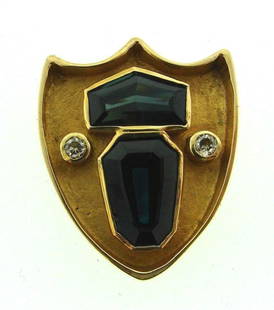 VINTAGE 14K GOLD AUSTRALIAN SAPPHIRE FANCY BROWN: N-JTOO VINTAGE 14K YELLOW GOLD SAPPHIRE DIAMOND BROOCH INTERESTING and prominent pin. Materials: 14K YELLOW GOLD (tested) SAPPHIRE FANCY BROWN DIAMOND, 0.20 CTS EACH, TDW APPROX. 0.40 CTS 
