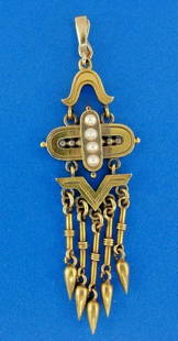VICTORIAN 14k Yellow Gold & Pearl Pendant Circa 1900s: DK 14k Yellow Gold & Pearl Pendant · This is a must for any collector. · The weight is 4.8 grams. The length with bail is 2.5 inches. The pearls are 1/8 of an inch. · This is a timeless piece.