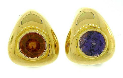 Poiray 18k Yellow Gold Citrine Amethyst Earrings: NS JA00 18k yellow gold citrine and amethyst earrings by Poiray (Paris) Very wearable piece; its shape and two different stones provide an unusual and attractive look Stamped with the Poiray