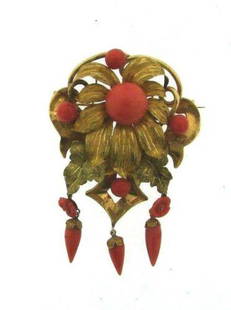 GORGEOUS 15k Yellow Gold & Carved Coral Pin/Pendant: DK 15k Yellow Gold & Coral Pin/Pendant Circa 1900s! This wonderful item is one of a kind! The weight is 13.5 grams in total. It is antique. The coral is carved. The height is 2 ¾ of an inch.