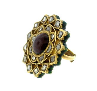 18K GOLD ROSECUT DIAMOND RUBY ENAMEL C.1920 UNIQUE RING: N-JTOO AMAZING 18K YELLOW GOLD ENAMEL ROSECUT DIAMOND RUBY RING Fabulous. Will accentuate your refine taste and make a nice compliment to any casual and some dressy outfits. Perfect gift for a