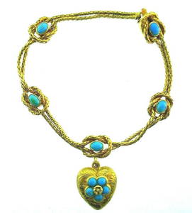 ANTIQUE 18k Yellow Gold & Turquoise Heart Locket