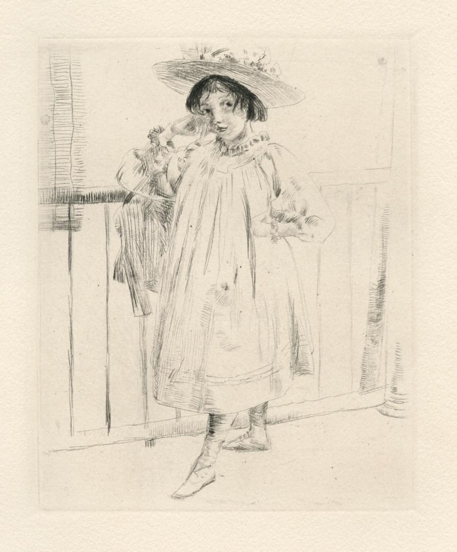 Julian Alden Weir original etching "Petite fille": Medium: original etching and drypoint. Catalogue reference: Sanchez and Seydoux 1911-11. Printed in Paris and published in 1911 by Gazette des Beaux Arts. Plate size: 4 5/8 x 3 3/4 inches (120 x 95 mm