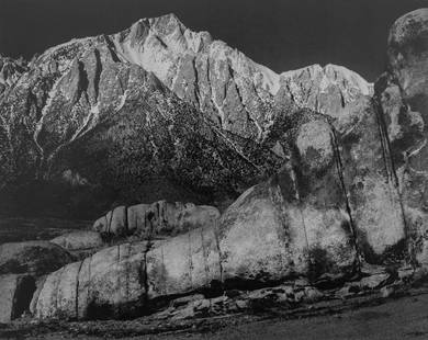 ANSEL ADAMS - Lone Pine Peak, Sierra Nevada, 1949: Artist: Ansel AdamsTitle: Lone Pine Peak, Sierra Nevada, 1949Medium: Photo Litho, 1979, USADimensions: 10.25x8.1"Heat Wax Mounted on 11x14" Conservation Board Ansel Adams was an American