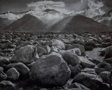 ANSEL ADAMS - Mount Williamson from Manzanar, 1944: Artist: Ansel AdamsTitle: Mount Williamson from Manzanar, 1944Medium: Photo Litho, 1979, USADimensions: 12.1x9.95"Heat Wax Mounted on 14x18" Conservation Board Ansel Adams was an American