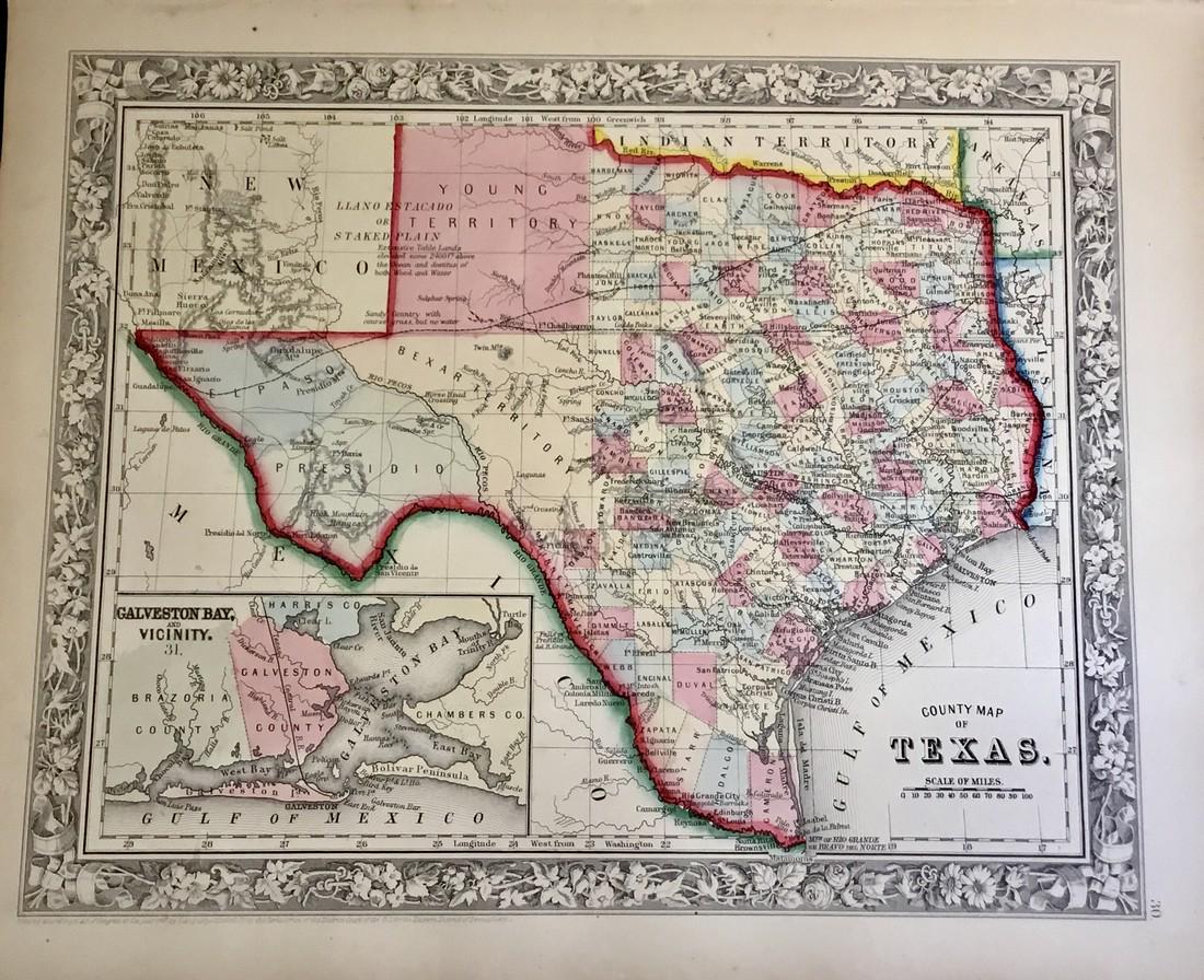Texas: Title/Content of Map: Texas Date: 1862 Cartographer: Augustus S. Mitchell Size: 15 1/2” x 12 1/2”. Provenance: Philadelphia Additional Info: Hand colored engraved map. From ‘the New General Atla
